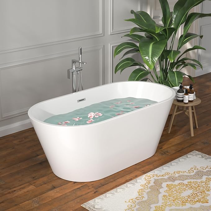 59 Inch Freestanding Acrylic Bathtub White Roll Top Soaking Tub with Gold Drain Glossy Finish for Elegant Bathroom Style, YSB9220