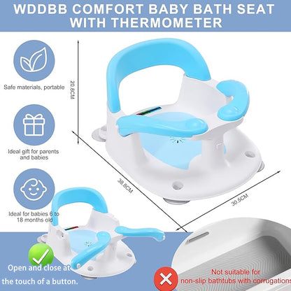 Baby Bath seat for Babies 6 Months & up, 360° Stable Toddler Bath Chair with one-Touch Button, Back Hollow Design, Water Temperature Card & 4 Suction Cups for Safety (Blue)
