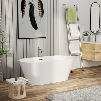 Mocoloo 59 Inch Freestanding Bathtub - Acrylic Soaking White Tub for Bathroom Stand Alone Ergonomic Modern Bathtub with Overflow and Black Offset Drain