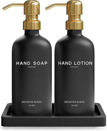 Luxury Glass Soap and Lotion Dispenser Set with Tray by Brighter Barns - Black and Gold Soap Dispenser Bathroom Set - Modern Bathroom Decor for Airbnb, Guest House, Vacation Rental, Gift (Black/Gold)