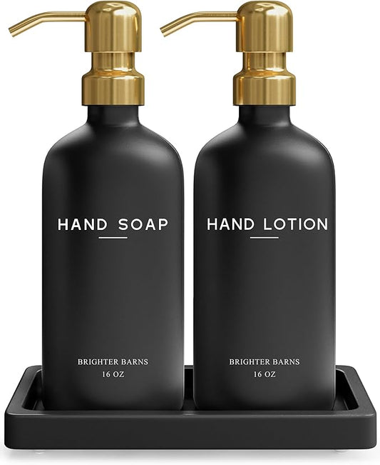 Luxury Glass Soap and Lotion Dispenser Set with Tray by Brighter Barns - Black and Gold Soap Dispenser Bathroom Set - Modern Bathroom Decor for Airbnb, Guest House, Vacation Rental, Gift (Black/Gold)