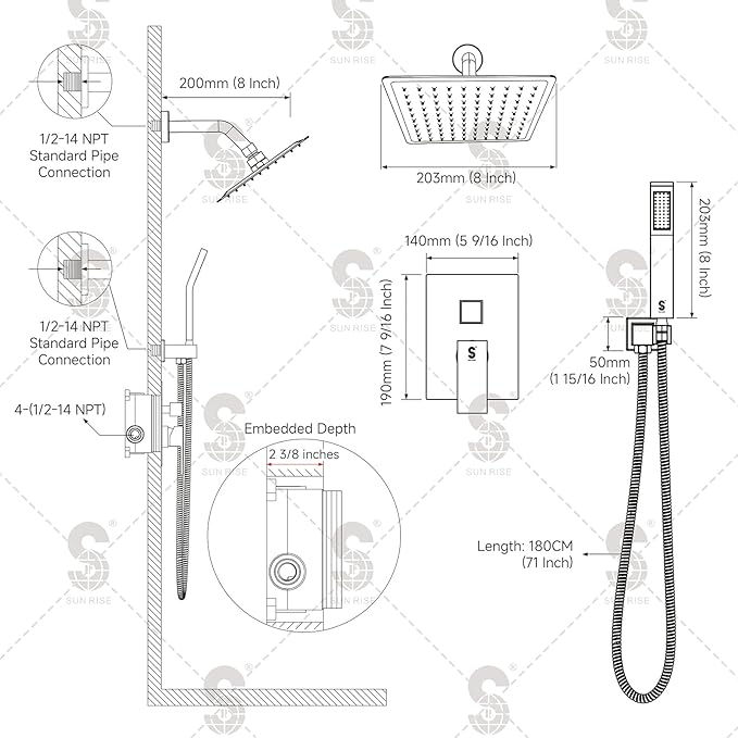 SR SUN RISE Shower System - Shower Faucet Set with 8 Inch Rain Shower Head and Handheld Shower - High Pressure Rain Shower System - All Metal Shower Faucet Trim Repair Kits - Polished Chrome