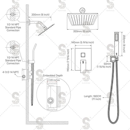 SR SUN RISE Shower Faucet - 8 Inch Shower System with Rain Shower Head and Handheld Spray - Shower Faucet Trim Repair Kits with Diverter Valve - All Metal Shower Set - Matte Black