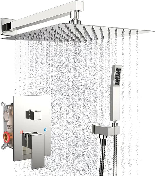 Shower System Wall Mounted 10 inch for Bathroom,Rain Shower Combo Set with Handheld Spray,Luxury Rainfall Shower Head Rough-in Valve and Trim Included(Chrome Polished)