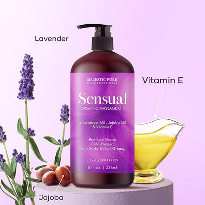 MAJESTIC PURE Organic Sensual Massage Oil for Massage Therapy - Refreshing, and Relaxing - Natural Oils for Date Night with Vitamin E - for All Skin Types - Men and Women - 8 fl oz