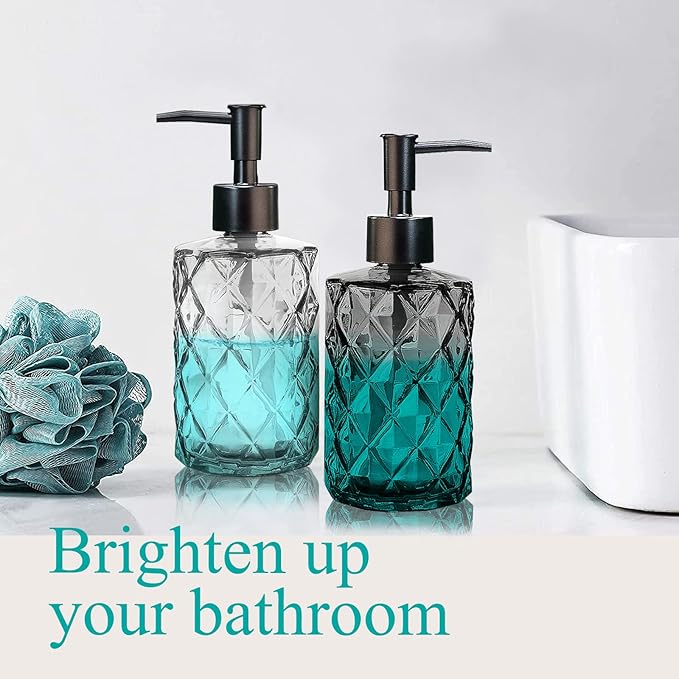 11oz Glass Soap Dispenser with Plastic Pump, Clear & Black Diamond Design Refillable Hand Soap Dispenser for Hand Wash and Dish Wash for Dishwashing Liquid, Lotion Shower Gel