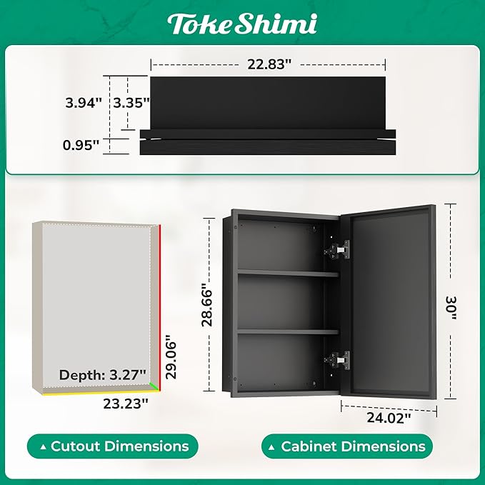 TokeShimi 24x30 Recessed Medicine Cabinet with Mirror Wall Mounted, Metal Beveled Mirror with Storage for Bathroom Vanity, Aluminum Alloy Medicine Cabinet Mirrored Black