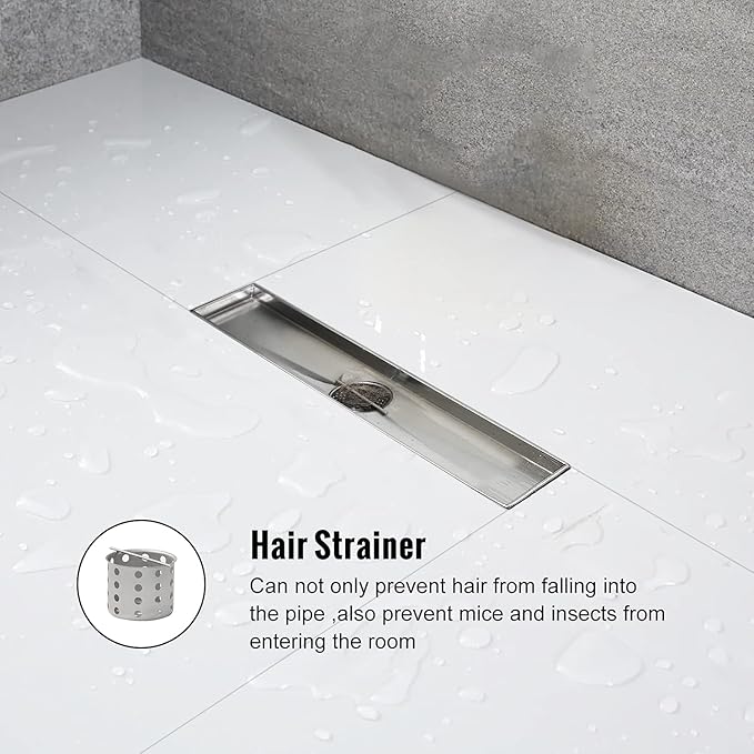 Linear Shower Drain, 12 inch Drain with Tile Insert 2-in-1 Panel, Brushed 304 Stainless Steel Shower Floor Drain, Linear Drain with Hair Strainer and Adjustable Feet