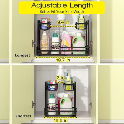 NADAMOO Expandable Under Sink Organizer 2-Tier Black Metal Storage Shelf, Adjustable Under Cabinet Organizer for Kitchen & Bathroom, Space-Saving Rack for Cleaning Supplies & Laundry Essentials