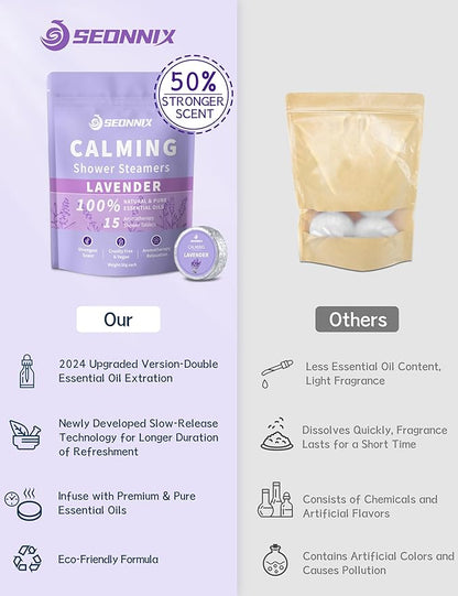 Shower Steamers Aromatherapy 15 Pack, Stress Relief & Self Care - Lavender Shower Bombs with Natural Essential Oil, Home Spa Shower Travel Essentials, Relaxation Birthday Gifts for Women & Men