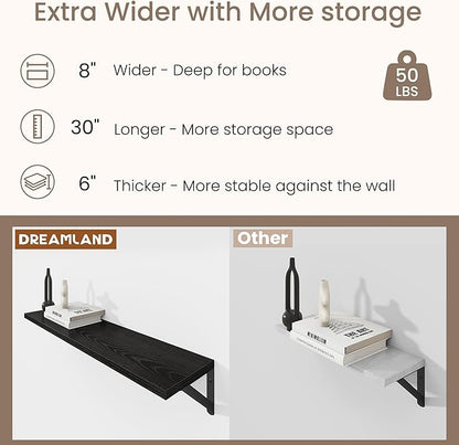 Dreamland Deep Floating Shelves for Wall, 30W x 8D Wall Shelves, Set of 2, 30 inch Floating Shelf with Sturdy Metal Brackets for Living Room, Bathroom, Bedroom and Kitchen, Black