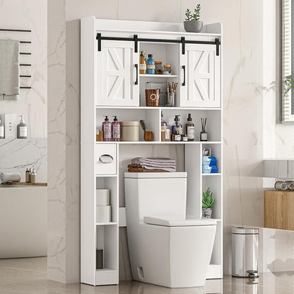 Farmhouse Storage Cabinet Over Toilet with Sliding Doors，Over The Toilet Storage Cabinet, Home Space-Saving Toilet Rack, for Bathroom, Restroom, Laundry.