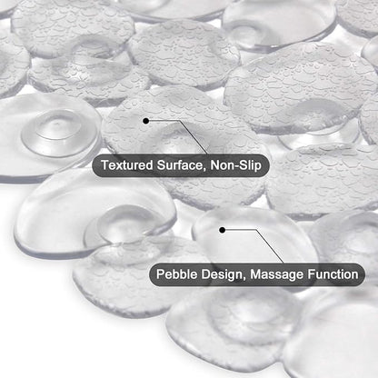 WELTRXE Pebbles Bath Mat Clear Non-Slip Bathtub Mat with Suction Cups, Drain Holes for Bathroom Showers, Tub, Machine Washable, BPA, Latex Free Safe Shower Mats, Oval 27 x 14 Inch