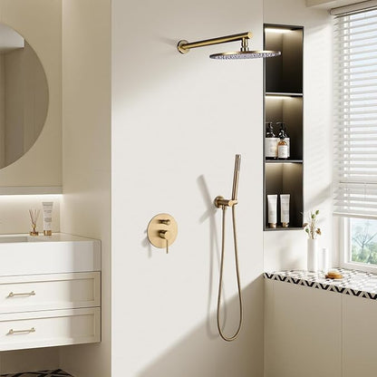 TRUSTMI Brushed Gold Shower System Pressure Balance 10 Inch Rainfall Shower Set with Brass Rough-In Diverter Valve and Trim Kit, Wall Mounted