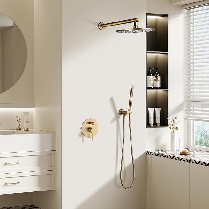 TRUSTMI 12-Inch Brushed Gold Shower System, Brass Wall Mounted Rainfall Shower Set (Contain Concealed Pressure Balance Rough-in Valve Body and Trim)