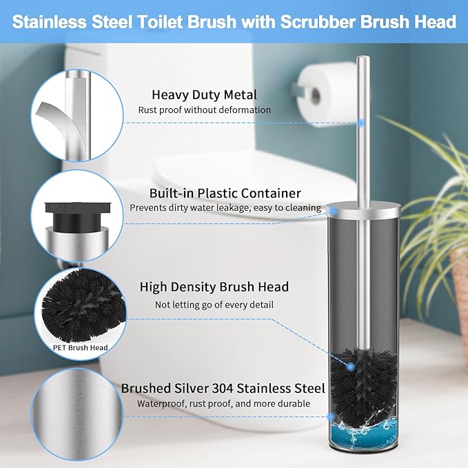 Stainless Steel Toilet Brush and Holder Set Brushed Silver Heavy Duty Toilet Bowl Brush with Long Handle for Bathroom and Farmhouse