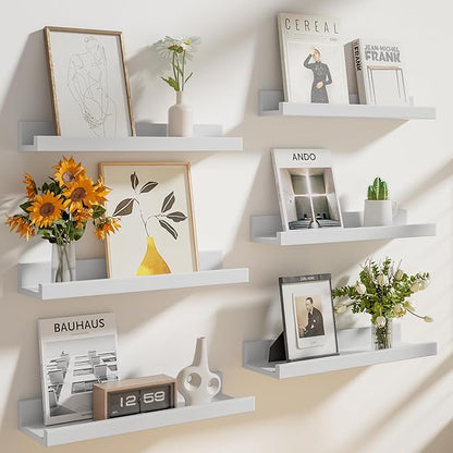 Heimlove Floating Shelves Set of 6, 24" Wall Mounted Picture Ledge, Display Shelf Organizer for Decor Storage, Wall Mounted Shelves for Living Room, Bedroom, Bathroom, Kitchen (White)