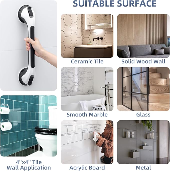 Shower Grab Bar Suction Cup 17 inch, Grab Bars for Bathtubs, Bathroom Safety Grip Shower Handle for Elderly and Seniors, Bath Handrails Removable & Reusable Waterproof, No Drilling, Black