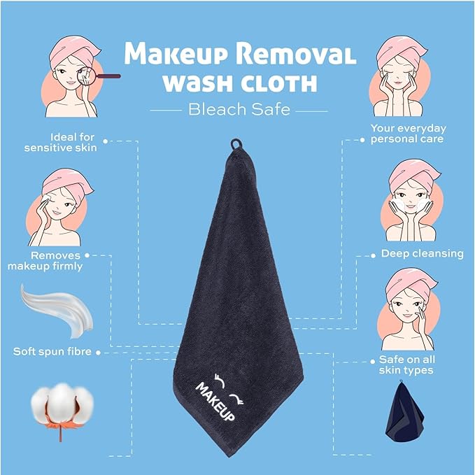 White Classic Bleach Safe Black Makeup Washcloths for Face Cleansing, 6 Pack - Super Soft Luxury Cotton Black Makeup Towels, Highly Absorbent and Quick Dry, All Makeup Remover Cloth | 13 x 13