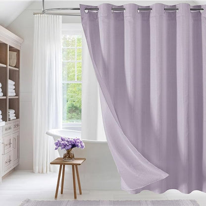 MitoVilla Purple Long Shower Curtain Liner Set 72 x 80, No Hooks Needed 80 inch Long Heavyweight Waffle Fabric Shower Curtain Set with Snap-in Liner for Hotel Grade Spa-Like Bathroom Decor, Lavender