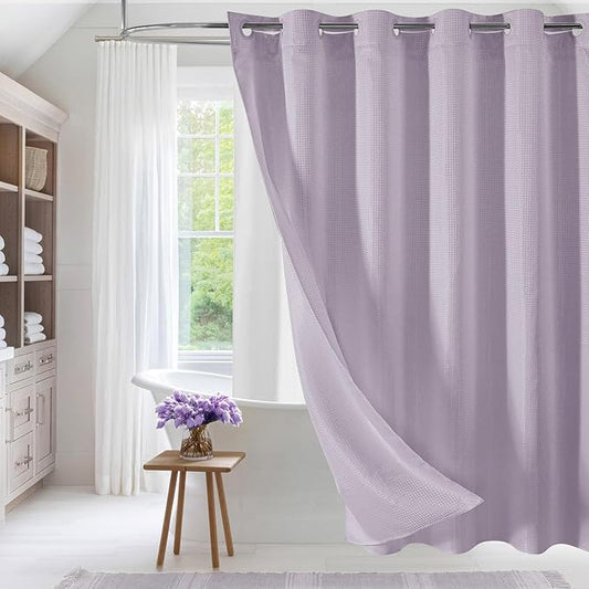 MitoVilla Purple Long Shower Curtain Liner Set 72 x 80, No Hooks Needed 80 inch Long Heavyweight Waffle Fabric Shower Curtain Set with Snap-in Liner for Hotel Grade Spa-Like Bathroom Decor, Lavender