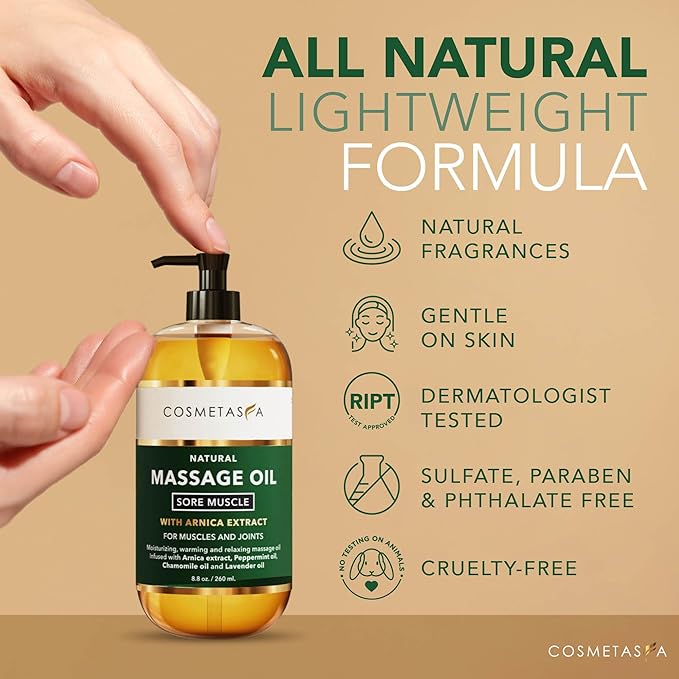 Cosmetasa Sore Muscle Massage Oil with Deep Tissue Massager - Thumb Saver and Oil Soothes Muscle and Joint with Arnica Extract, Peppermint, Chamomile, and Lavender Oil 8.8 Fl Oz