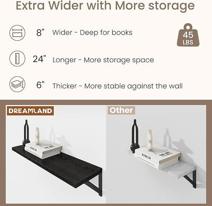 Dreamland Wall Shelves Long, 24W x 8D Wall Mounted Shelves Set of 2, Wide Display Ledge Shelf with Sturdy Metal Brackets for Living Room, Bathroom, Bedroom and Kitchen, Black