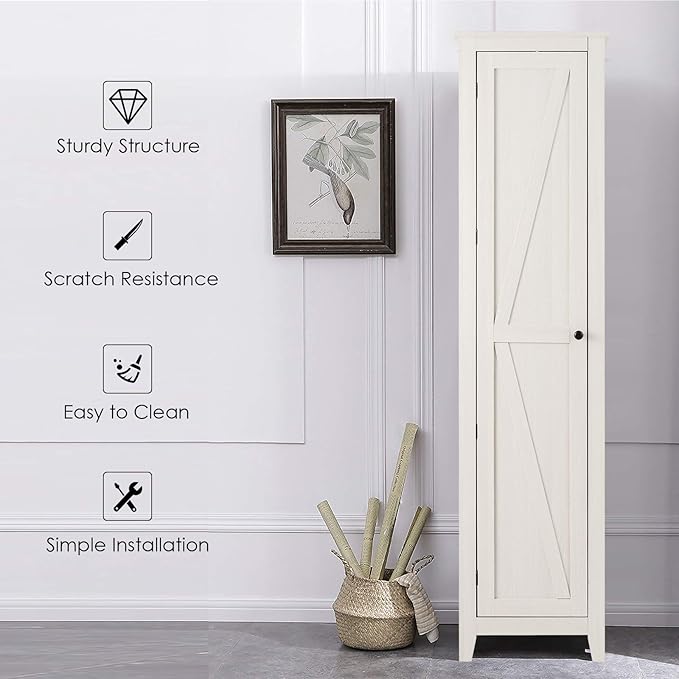 Giantex Tall Storage Cabinet Freestanding Floor Storage Tower with Four Shelves and Single Door, 17x16x72 Inch, Narrow Utility Cabinet for Living Room, Bathroom (Grayish White)