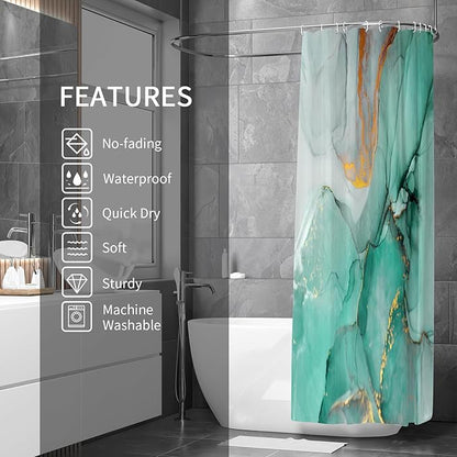 Gibelle Abstract Marble Shower Curtain, Teal Green Jade Texture Gold Stripes Ombre Watercolor Paint, Modern Ink Art Decor Waterproof Fabric Curtain for Bathroom Set, 71x71