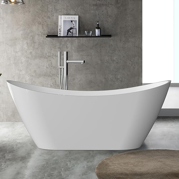 67 Inch Freestanding Acrylic Bathtub, Modern Soaking Tub with Chrome Overflow & Drain, CUPC Certified, Deep Soaking Design for Luxurious Spa Experience, Contemporary Bathroom Centerpiece