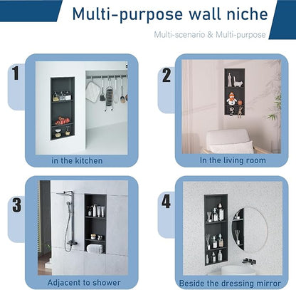 Stainless Steel Niche for Shower Wall，Shower Niche Insert Tile Ready ，Organizer Storage for Room，3-Tier Shelves ，Matte Black (Black，30 * 12 in)