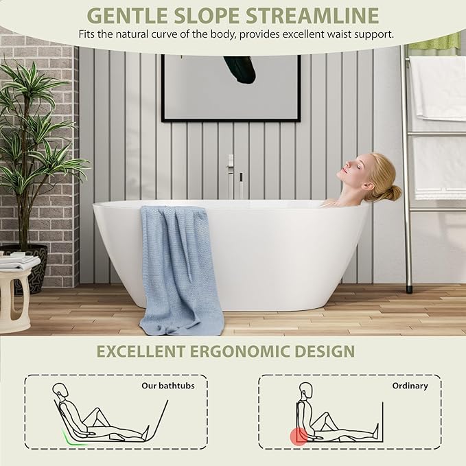 59" Acrylic Freestanding Bathtub - Mocoloo White Oval Shape Soaking Bath Tub with Stainless Drain and Overflow Assembly for Classic Modern Bathrooms