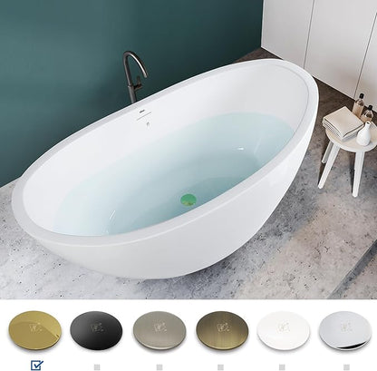 FerdY Naha 59" Acrylic Freestanding Bathtub, Curve Edge Freestanding Soaking Bathtub, Glossy White, cUPC Certified, Brushed Gold Drain & Minimalist Linear Design Overflow Included, 02588