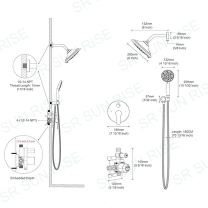 SR SUN RISE Shower Faucet - 8 Inch Multifunctional High Pressure Shower Head System with Handheld Shower Head Fixtures - Valve Included - Oil Rubbed Bronze