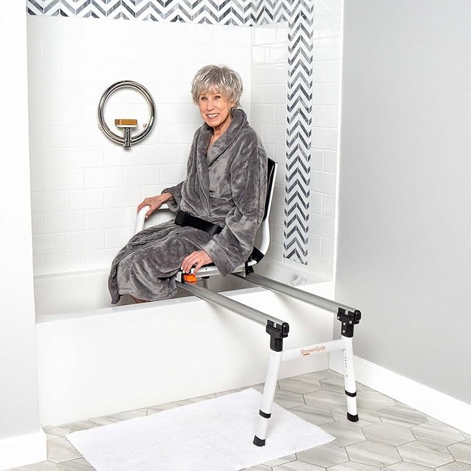 ShowerGlyde SG1 - FSA HSA Eligible - Sliding Shower Chair - Tub Transfer Bench with Grab Bar, Back Support | Premium Mobility Aid for Secure Bathroom Transfers