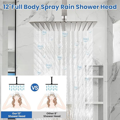 Airuida Shower Faucet Set and Handle Set Single Function Shower Trim Kit Ceiling Mount Rainfall Shower System with Male Threads and Rough-in Valve 12 Inch Square Shower Head Brushed Nickel