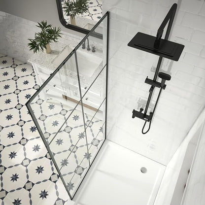 36" W x 76" H Frameless Shower Screen, Fixed Glass Panel for Walk-In Shower, 3/8" Tempered Glass, Grid Pattern Design