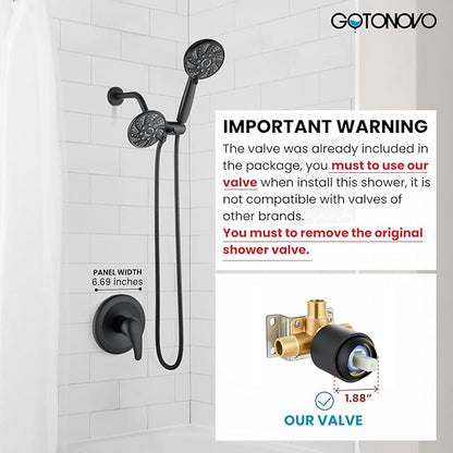 gotonovo Dual 2 in 1 Shower Head Kit High Pressure Combo System Shower Faucet 6 Modes ABS Handheld Spray Shower Trim Kit with Valve Shower Head and Handle Set Matte Black