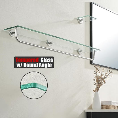 JQK Bathroom Glass Shelf, Shelf with 29 Inch Towel Bar Tempered Glass Shower Storage 30 by 5 inches, 304 Stainless Steel Brushed Finish Wall Mount, TGS100L30-BN