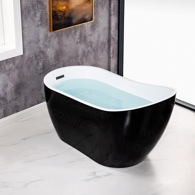 WOODBRIDGE 54" Freestanding White Acylic Soaking Bathtub with Matte Black Drain and Overflow,Black,B1807-MB