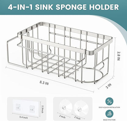 StorageRight 4-in-1 Sponge Holder for Kitchen Sink, Sink Caddy Organizers and Storage with Adhesive Hook & Suction Cups, Rustproof Kitchen Sink Organizer for Home Decor - Silver