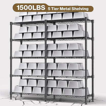 Himimi Storage Shelves-5 Tier Heavy Duty Wire Shelving Unit with Leveling Feet, 1500LBS Adjustable Metal Shelves Organizer for Kitchen Garage Pantry Laundry, 60" W*14" D*72" H, Black