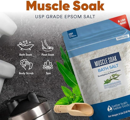 Muscle Soak Bath Salt 128 Ounces Epsom Salt with Natural Peppermint and Eucalyptus Essential Oils Plus Vitamin C in BPA Free Pouch with Easy Press-Lock Seal