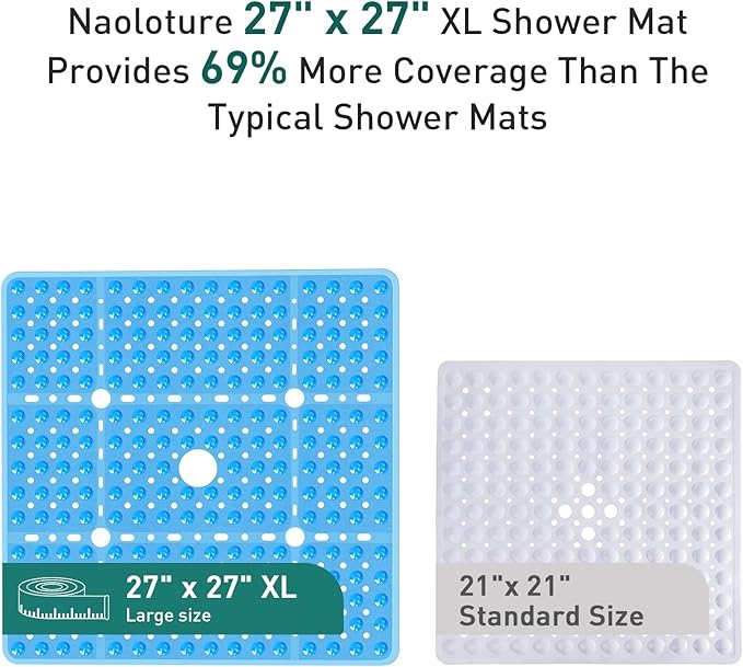 Large Square Shower Mat Non Slip 27x27 Inch, Square Bath Mat Tub Mat for Inside Shower Bathroom Floor, Shower Stall Mats With Big Suction Cup Drain Holes, Easy Washable, BPA-Free, Clear Blue