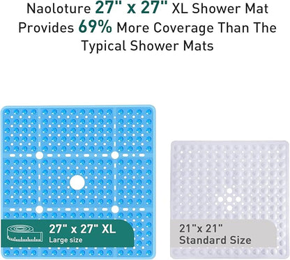 Large Square Shower Mat Non Slip 27x27 Inch, Square Bath Mat Tub Mat for Inside Shower Bathroom Floor, Shower Stall Mats With Big Suction Cup Drain Holes, Easy Washable, BPA-Free, Clear Blue