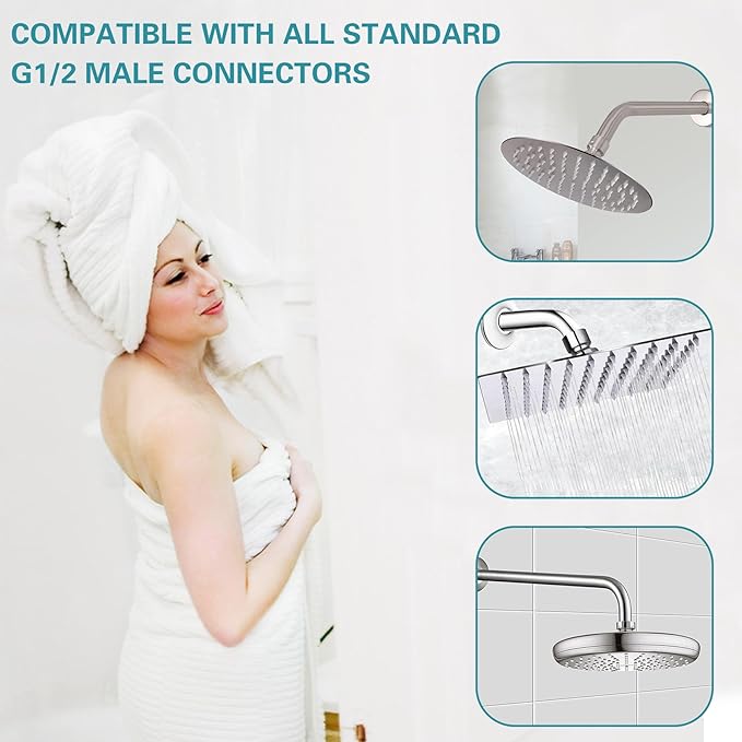 12 Inch Shower Arm with Flange,Stainless Steel 90 Degree Rain Shower Head Extension Arm,Wall-Mounted Shower Head Arm for Fixed Shower Head,Matte Black