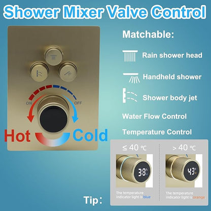 Digital Display Shower Valve Shower Valve 3 Way Shower Diverter Valve Shower Mixing Valve Can Use All the Time Brushed Gold