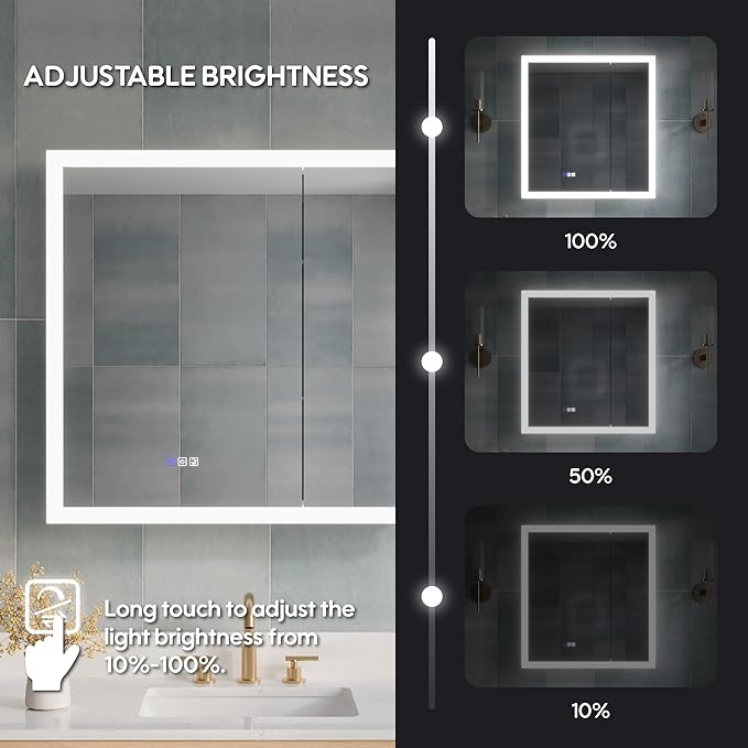 WELLFOR 36 x 32 Inch LED Medicine Cabinet with Lights, 3X Magnification Makeup Mirror, Bathroom Vanity Mirror Cabinet with Storage, Anti Fog, Surface or Recess Mount, Double Opening Door