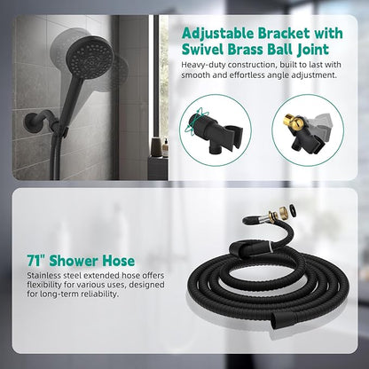 Hibbent High Pressure cUPC Certified 10-mode Shower Head, Handheld Showerhead with Adjustable Brass Joint Holder, 71" Metal Hose, Anti-clog Nozzles, Built-in Power Wash to Clean Tub & Pets, Black