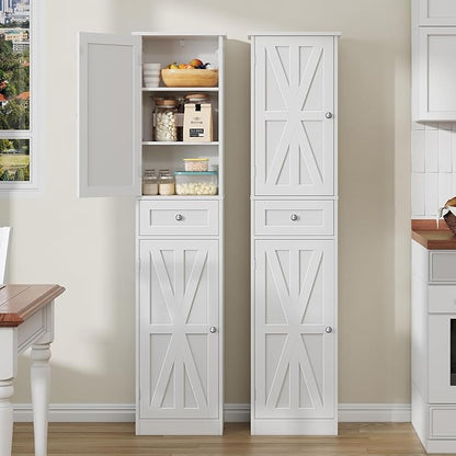67" H Tall Bathroom Cabinet, Narrow Storage Cabinet with 2 Barn Doors and 1 Drawer, Freestanding Floor Cabinets with 6 Shelves for Bathroom, Living Room, Kitchen, White